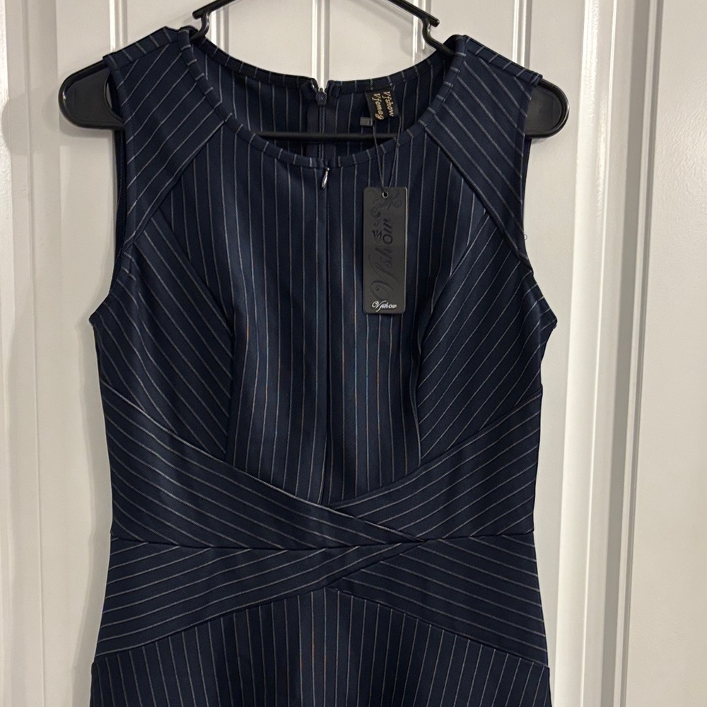 Chic Navy Pinstripe Midi Dress